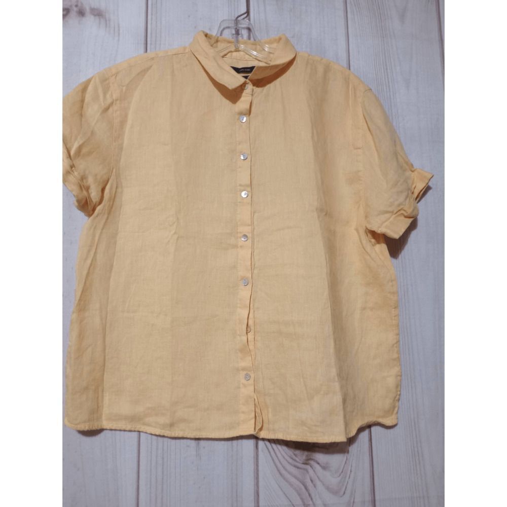 Tahari Shirt Ladies Small Yellow Button Front Short Sleeve 100% Linen
